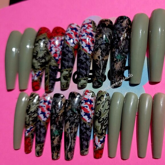 Green Camouflage Design Ballerina Press on Nails - Picture 2 of 3